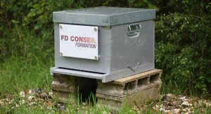 Ruche galvanisée FD Conseil Formation posée sur des parpaings, en lisière.