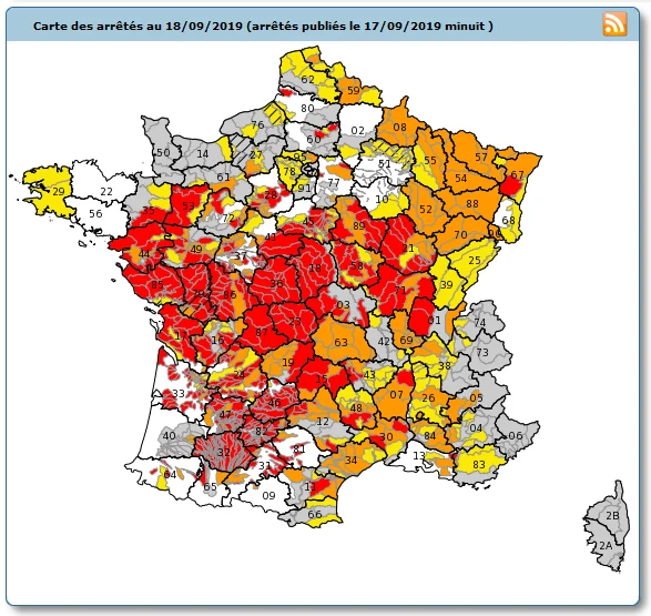 Carte de France des départements soumis à des restrictions d'eau en août 2019.