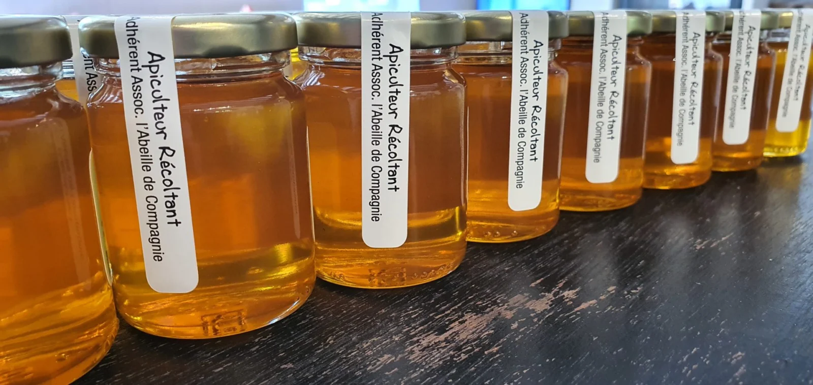 Rangée de pots de miel étiquetés pour l'analyse.
