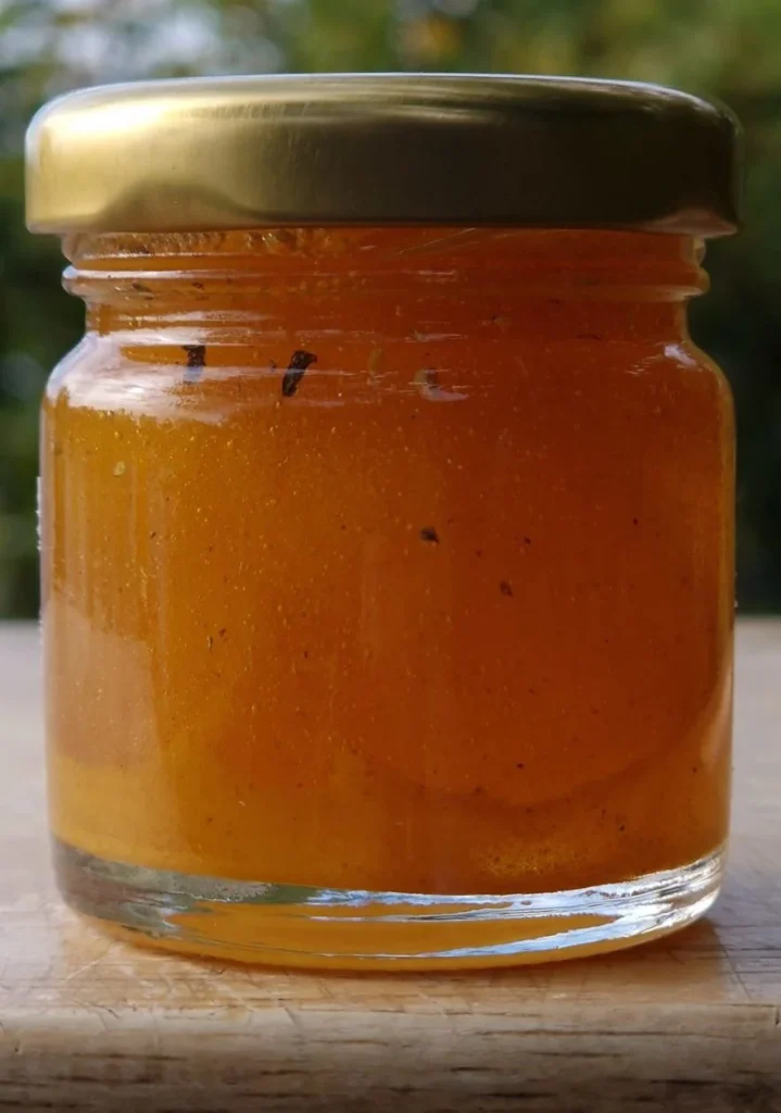 Petit pot de préparation au miel et au curcuma, orange.