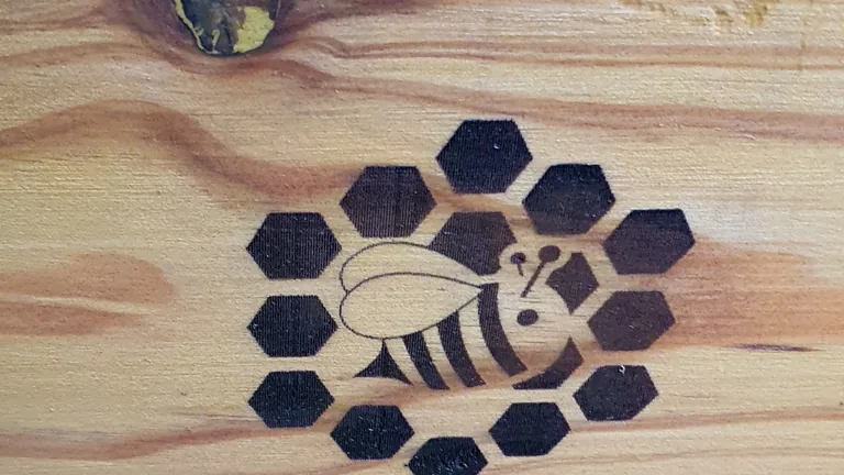 Un motif d'abeille entourée d'alvéoles, gravé au brûloir dans une planche de bois clair.