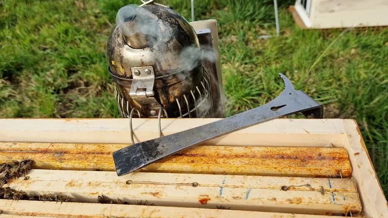Un enfumoir allumé et un lève-cadre posés sur les cadres d'une ruche ouverte.