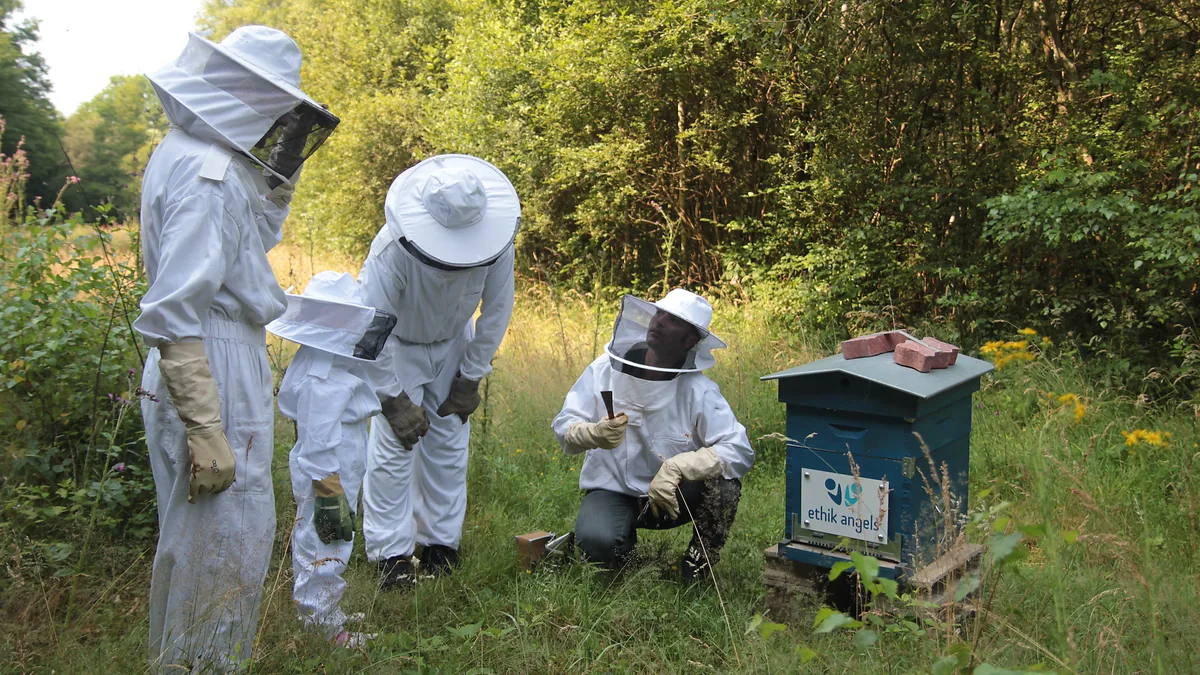 Quatre personnes en combinaison d'apiculture réunies autour d'une ruche posée dans l'herbe haute, l'une d'elles accroupie devant la ruche.